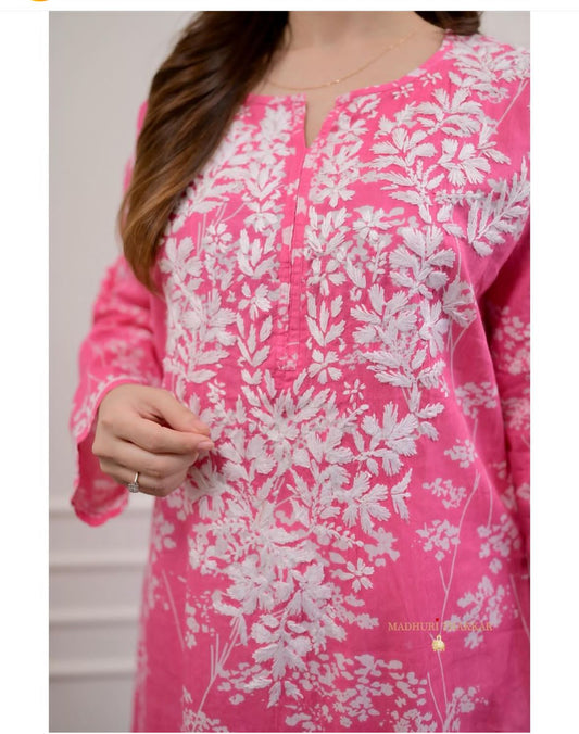 PINK CHIKANKARI EMBROIDERED STRAIGHT MUL COTTON KURTI
