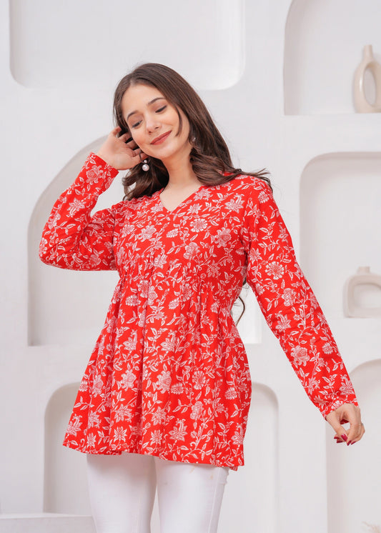 Bright Red Floral Printed full sleeves peplum top