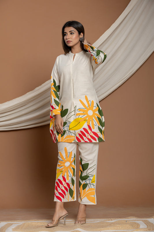 Ivory Cotton Tropical Printed Cotton Co-Ord Set for Summer