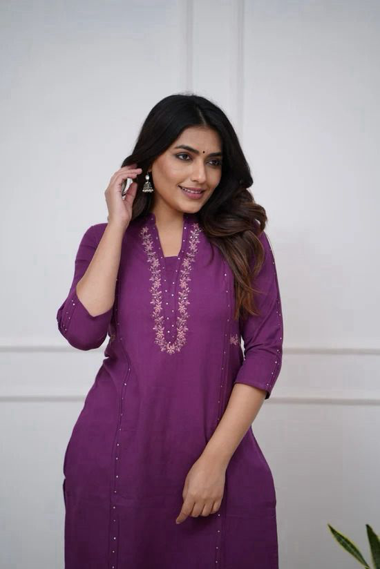 WINE EMBROIDERED INDIAN COTTON SALWAR KAMEEZ STRAIGHT KURTI PANT CO ORD SET