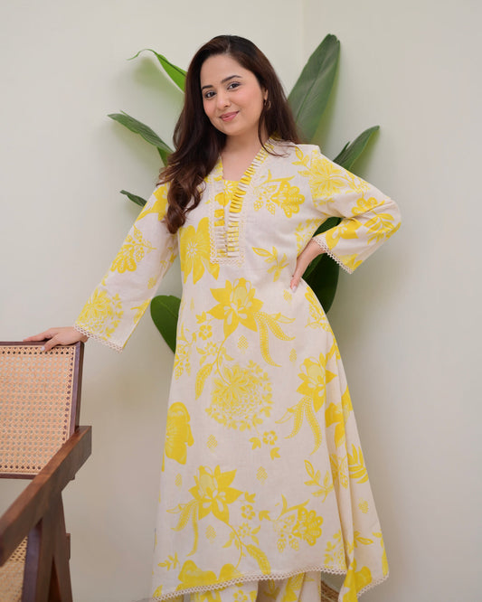 YELLOW FLORAL A LINE COTTON KURTA SET