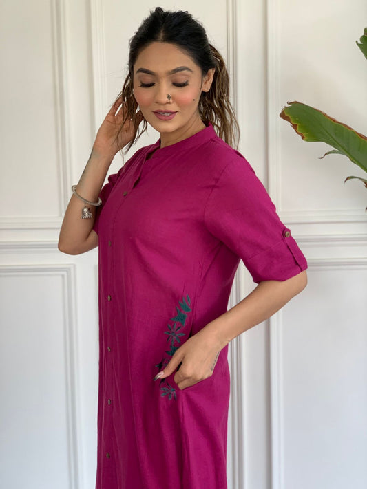 Fuchsia Pink Embroidered Cotton Kurta and Plazo Set with Pockets