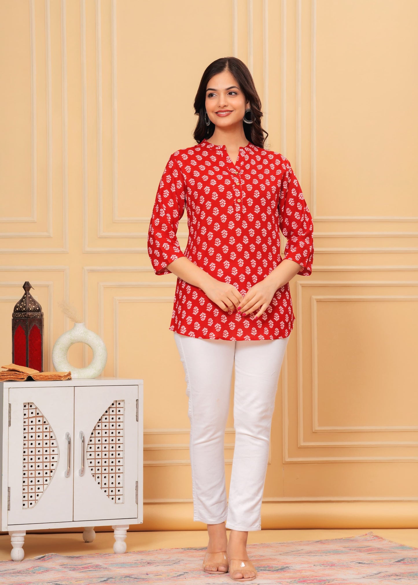 Red Printed Straight Tunic Top