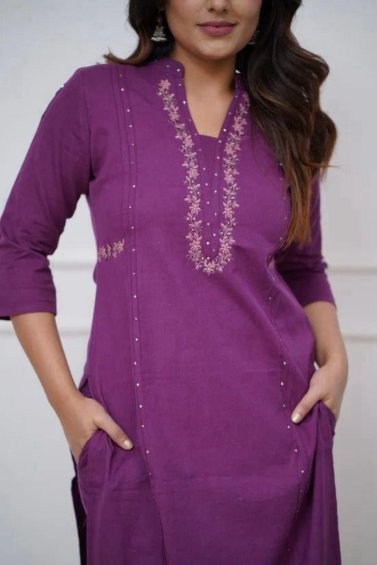 WINE EMBROIDERED INDIAN COTTON SALWAR KAMEEZ STRAIGHT KURTI PANT CO ORD SET