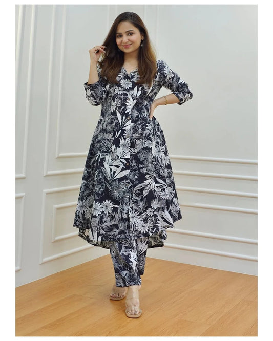 Monochrome Bloom Cotton Kurta Set