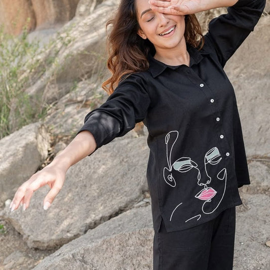 Off Black Embroidered Cotton Flex Co-Ord Set