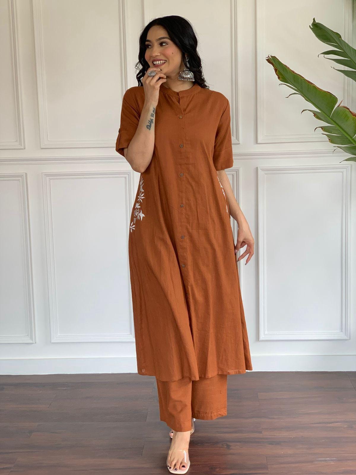 Brown Rust Embroidered Cotton Kurta And Palazzo Set with pocket
