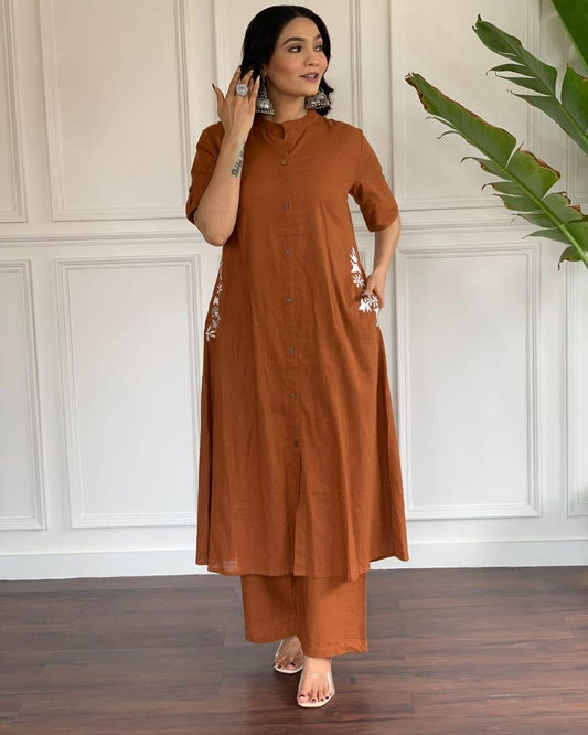 Brown Rust Embroidered Cotton Kurta And Palazzo Set with pocket