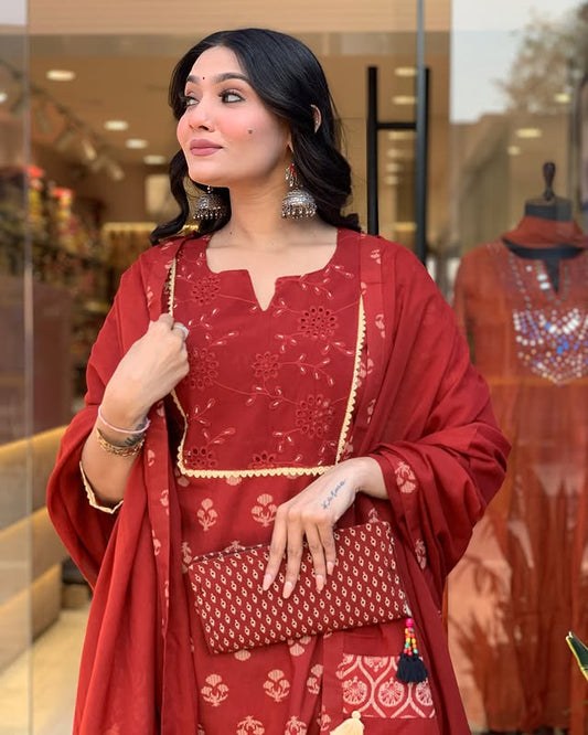 Cotton Block Printed Kurta with Pant and Designer Printed Dupatta