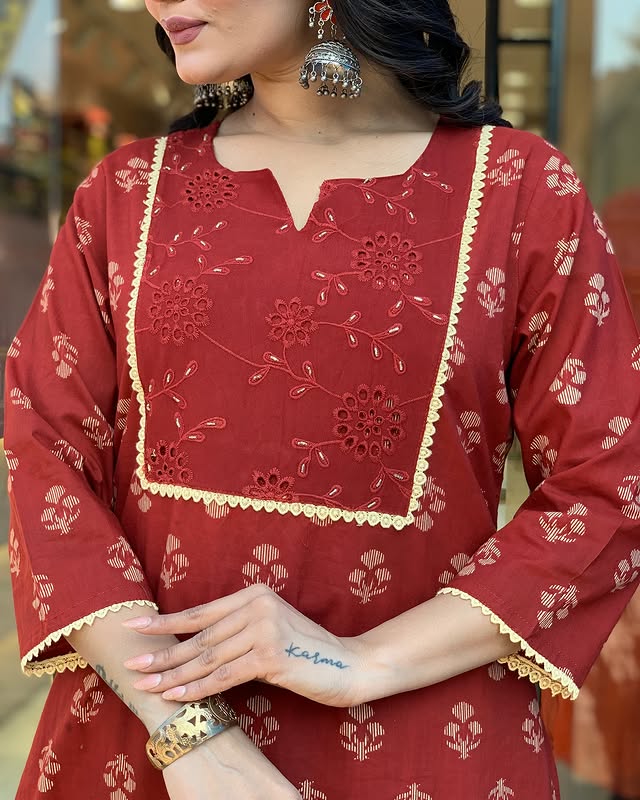 Cotton Block Printed Kurta with Pant and Designer Printed Dupatta