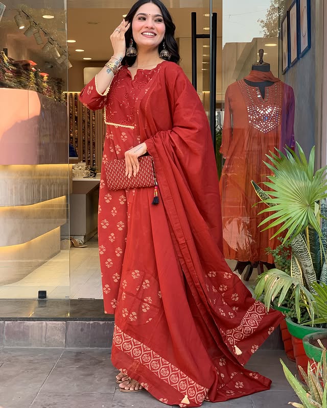 Cotton Block Printed Kurta with Pant and Designer Printed Dupatta