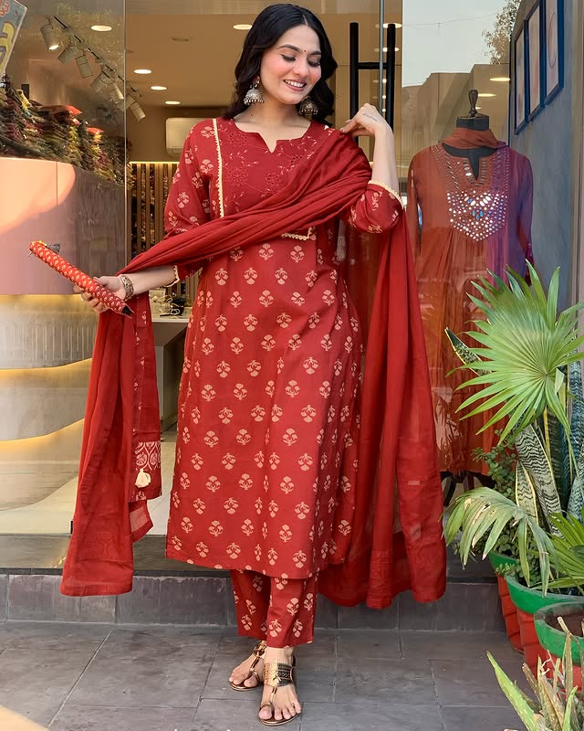 Cotton Block Printed Kurta with Pant and Designer Printed Dupatta