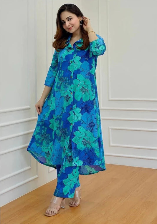 Tropical Blue Floral Cotton Kurta Set