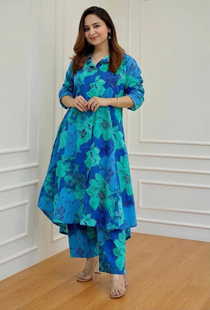 Tropical Blue Floral Cotton Kurta Set