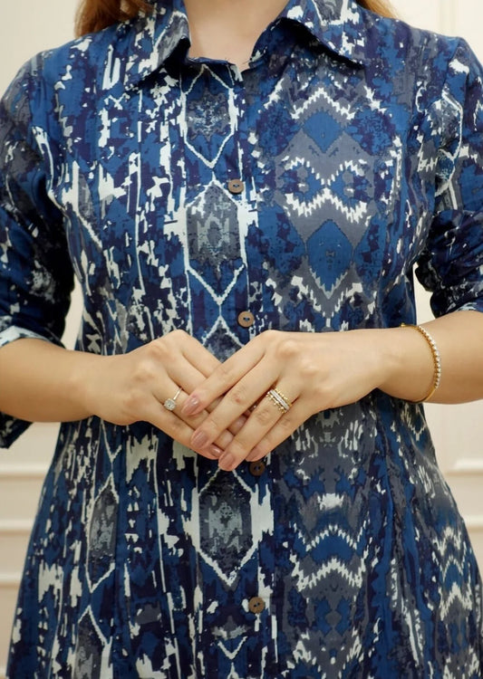 Indigo Abstract Ikat Cotton Kurta Set
