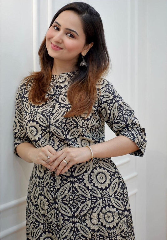 Elegant Black & Beige Handblock Cotton Kurta Set
