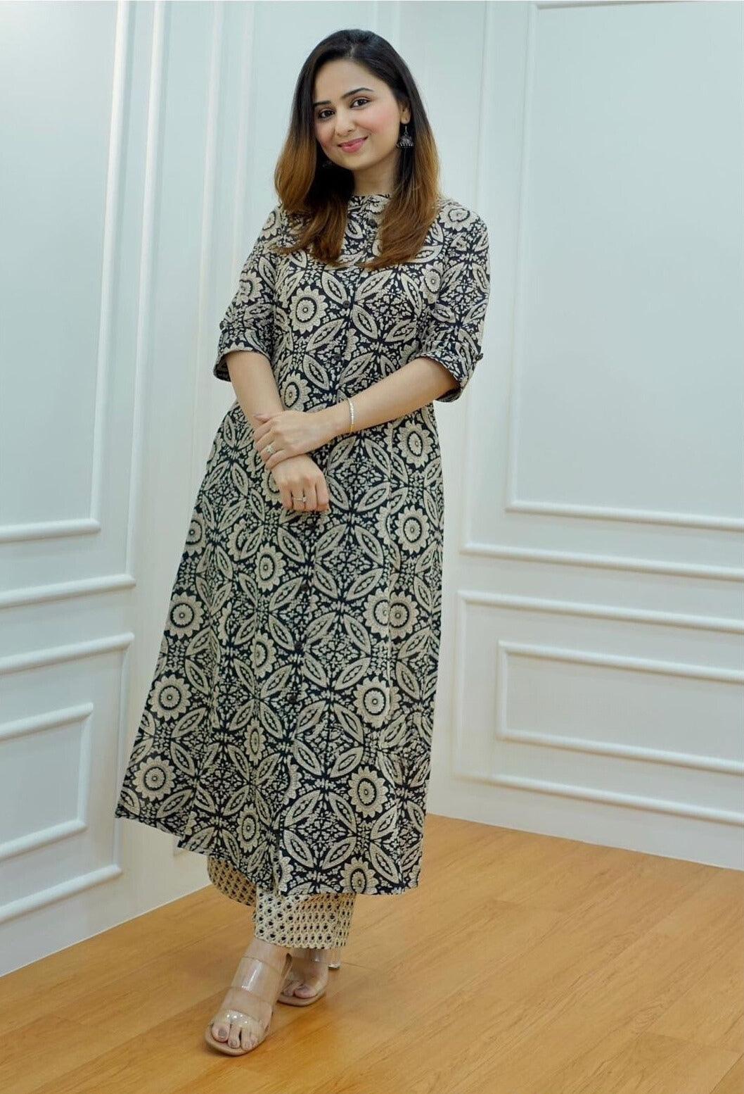 Elegant Black & Beige Handblock Cotton Kurta Set