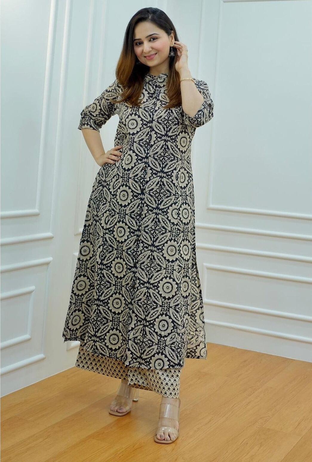 Elegant Black & Beige Handblock Cotton Kurta Set