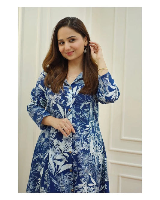 White Floral Garden Print Cotton Kurta Set