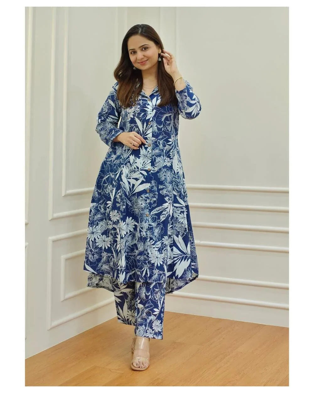 White Floral Garden Print Cotton Kurta Set