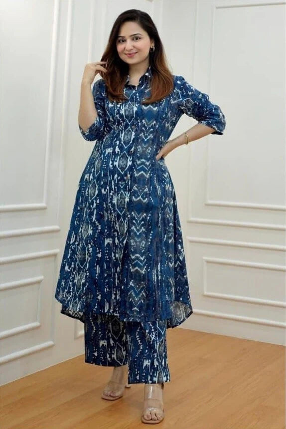 Indigo Abstract Ikat Cotton Kurta Set