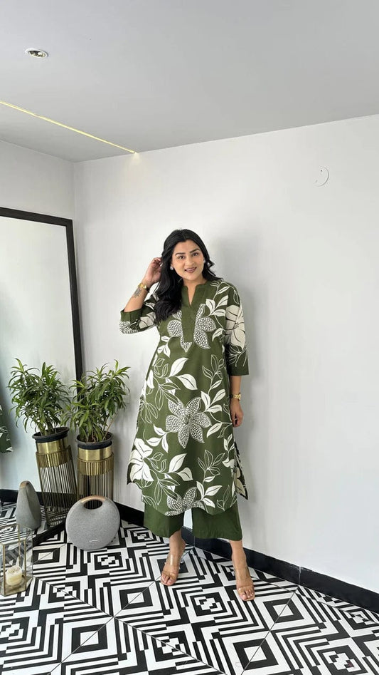Green Floral Printed Cotton Kurta and Pant Set