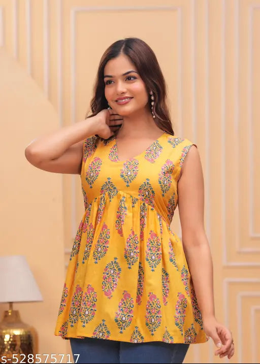 Women's Printed Yellow Cotton Sleeveless A-Line Kurti Top – Ethnic Floral Design | Casual & Festive Wear