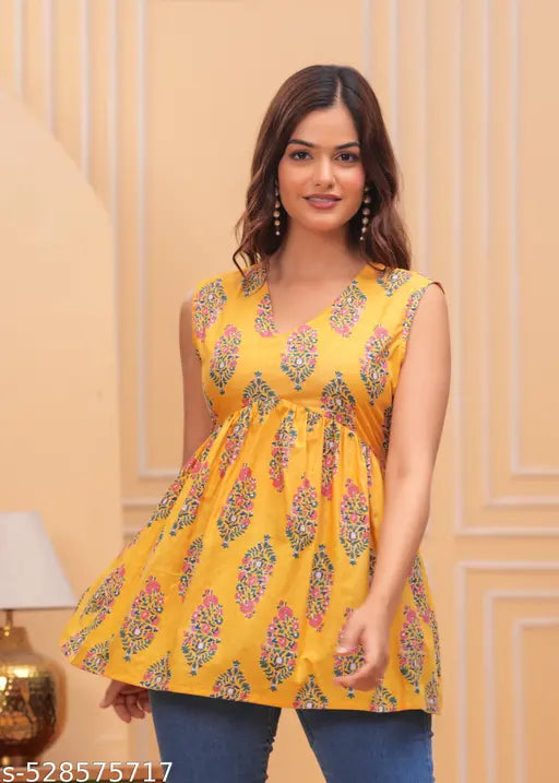 Women's Printed Yellow Cotton Sleeveless A-Line Kurti Top – Ethnic Floral Design | Casual & Festive Wear