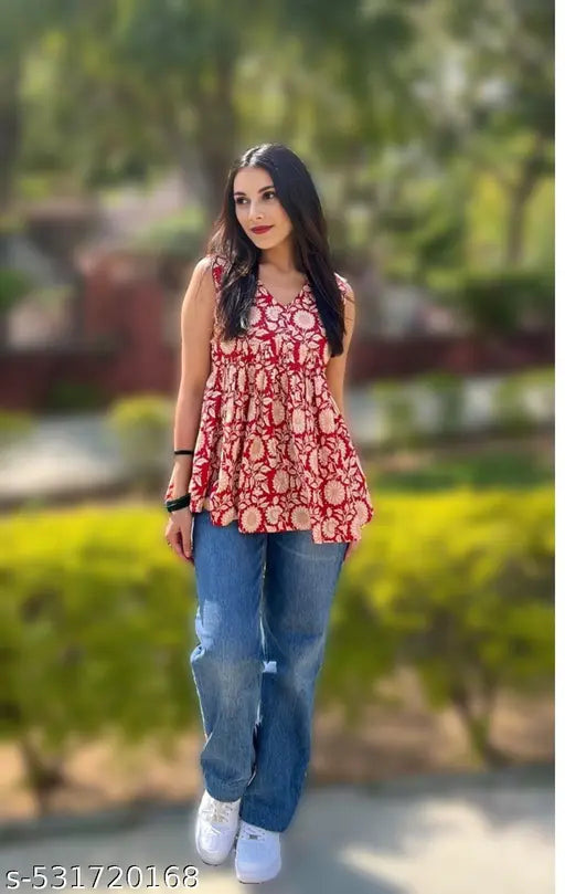 Rayon Sunflower Print Alia Cut Kurti for Women | Stylish Sleeveless Casual Top