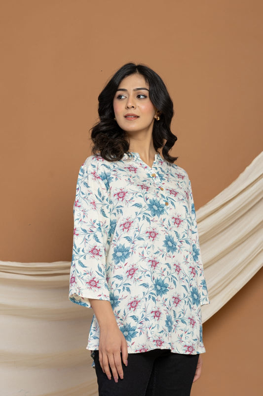 Gipsy Women White & Blue Printed Cotton Short Kurti