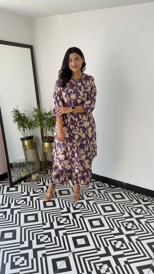 Premium Purple Floral Cotton Kurta Set