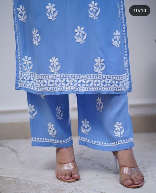 Rayon Bright Colour Chicken Embroidery On Kurti And Pant