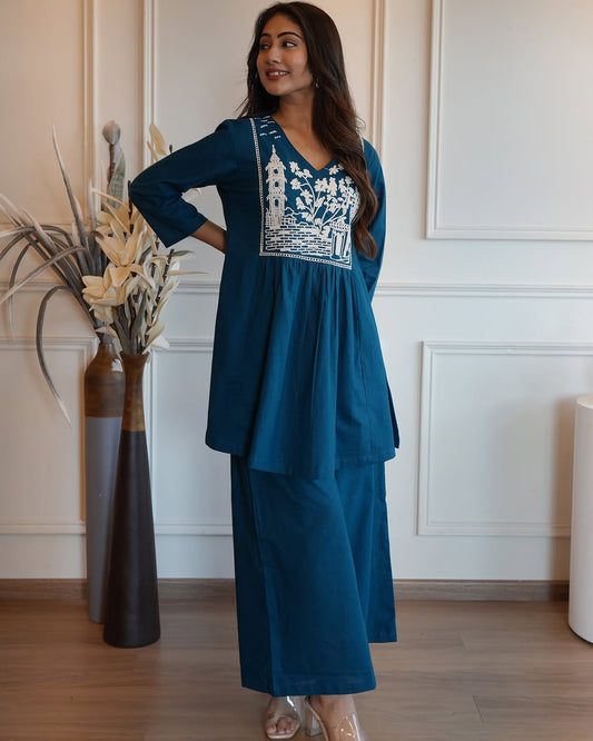 Teal Embroidered Kurta and Palazzo Set