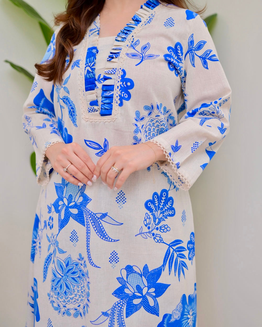 BLUE FLORAL A LINE PREMIUM 100% COTTON KURTA SET