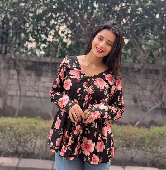 Floral Charm Peplum Top – Black & Pink