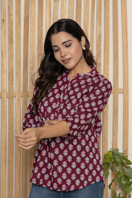 NEW FLOWER PRINT TUNIC KURTI(DARK RED)