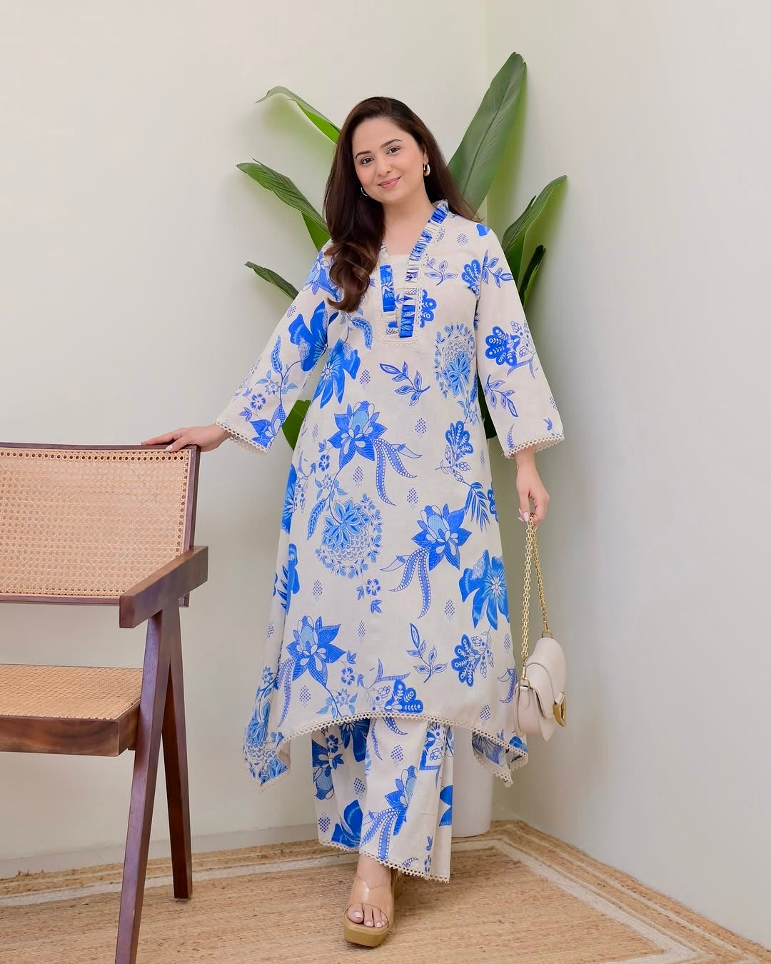 BLUE FLORAL A LINE PREMIUM 100% COTTON KURTA SET