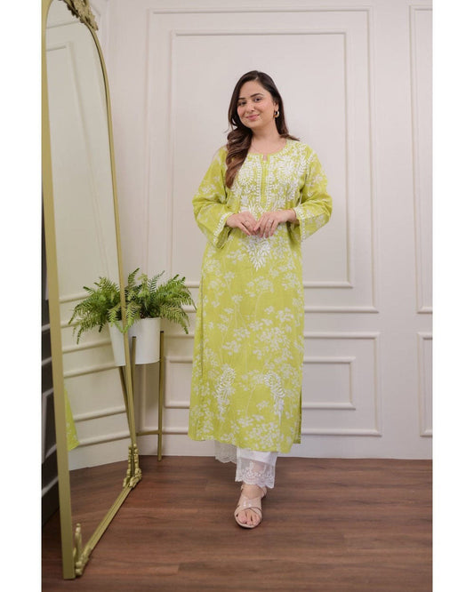 GREEN FLORAL CHIKANKARI EMBROIDERED STRAIGHT KURTI PANT SET COTTON