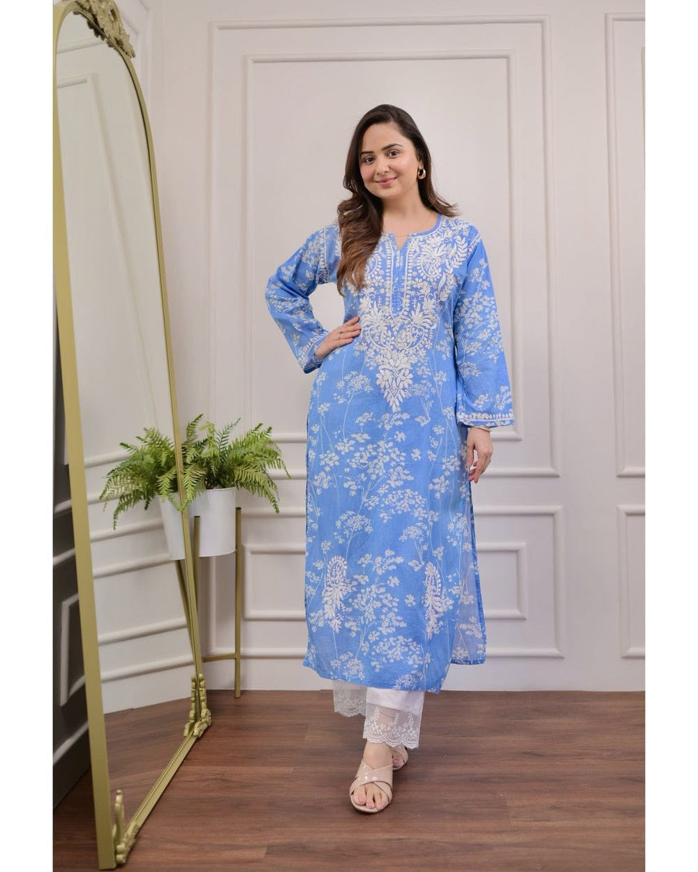 BLUE FLORAL CHIKANKARI EMBROIDERED STRAIGHT KURTI PANT SET COTTON