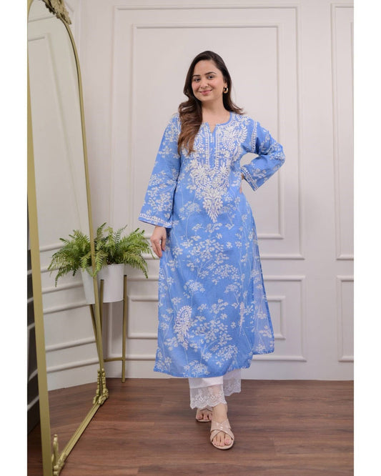 BLUE FLORAL CHIKANKARI EMBROIDERED STRAIGHT KURTI PANT SET COTTON