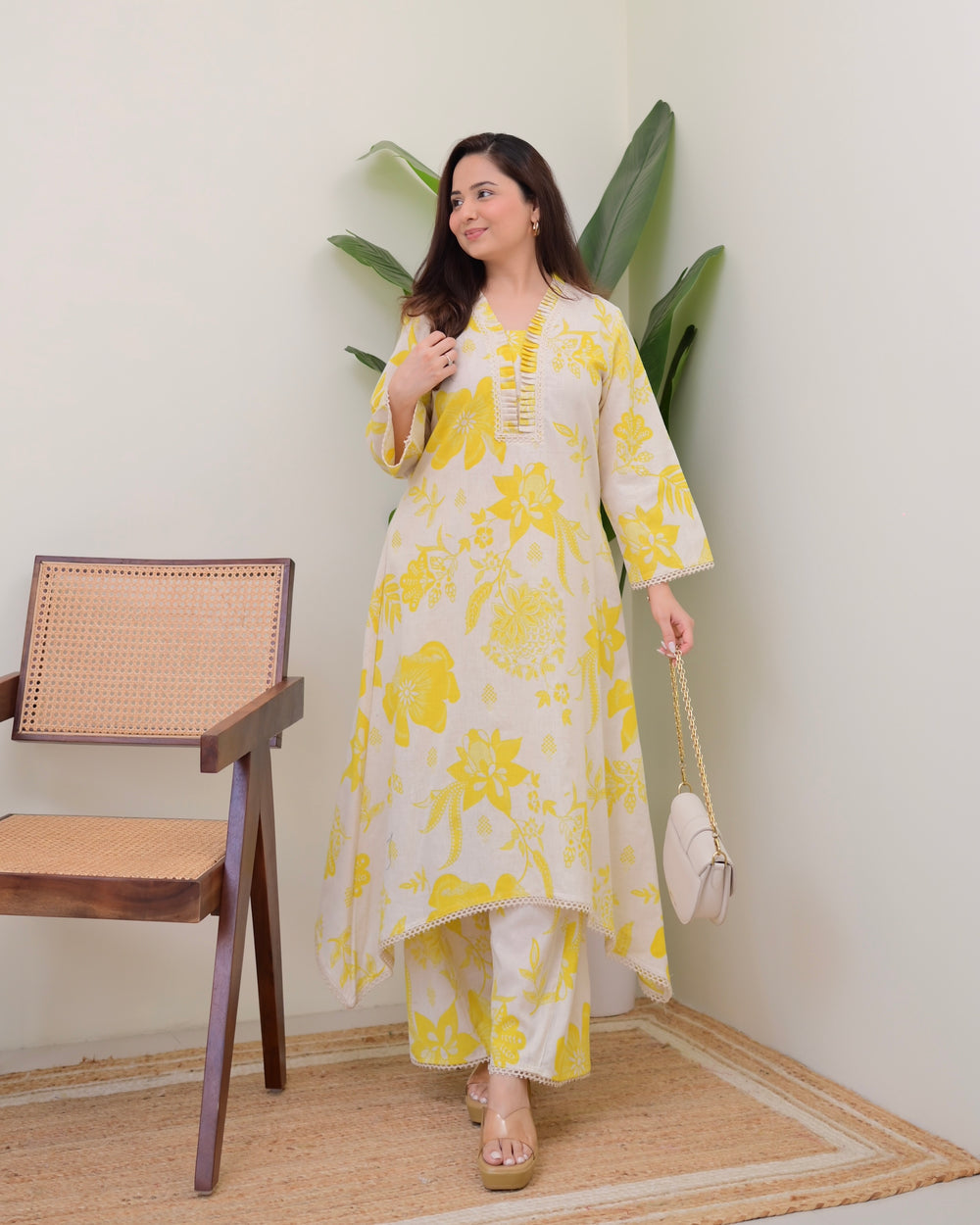 YELLOW FLORAL A LINE COTTON KURTA SET