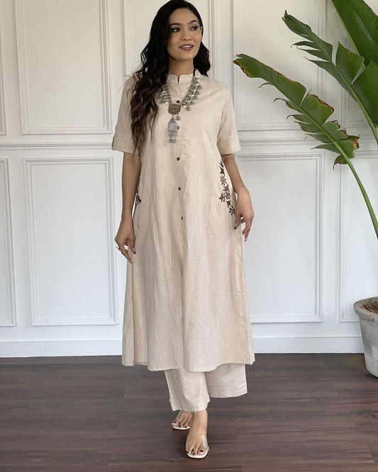 White Cotton Slub Pocket Embroidery Kurta and Plazo Set