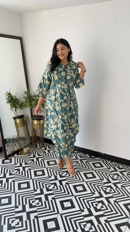 Premium Teal Floral Cotton Kurta Set
