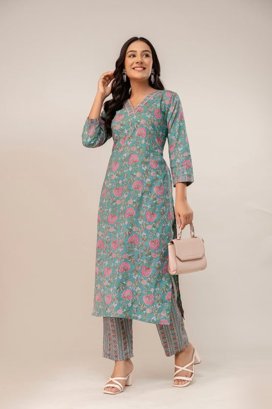 Blossom Breeze Floral Premium Cotton Kurta Pant Set