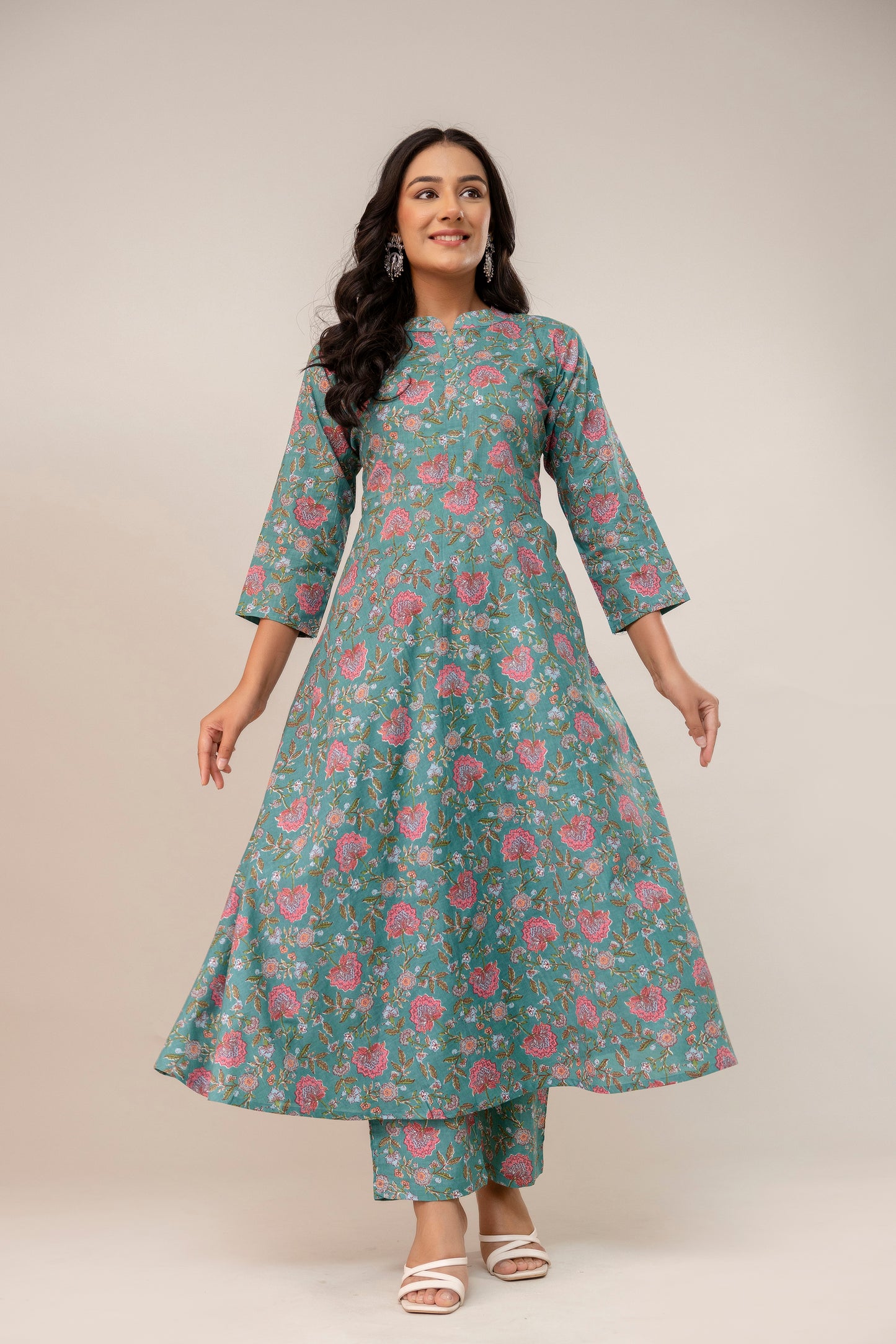 SereniTeal – Flared Cotton Kurta Set