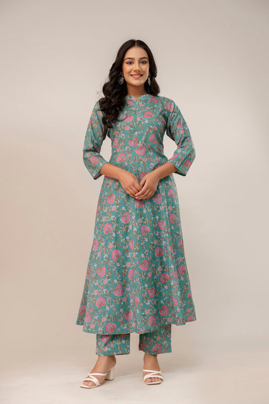 SereniTeal – Flared Cotton Kurta Set