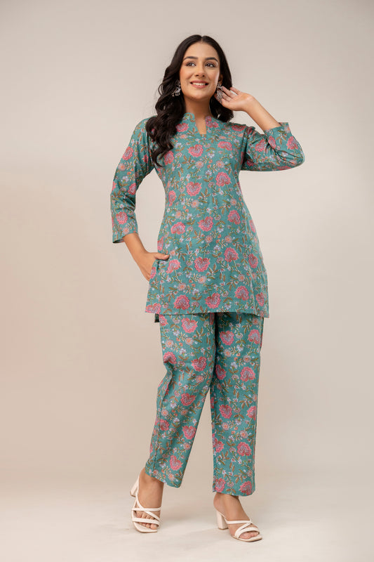 Teal Blossom Cotton Kurta Set – Rose Garden Print