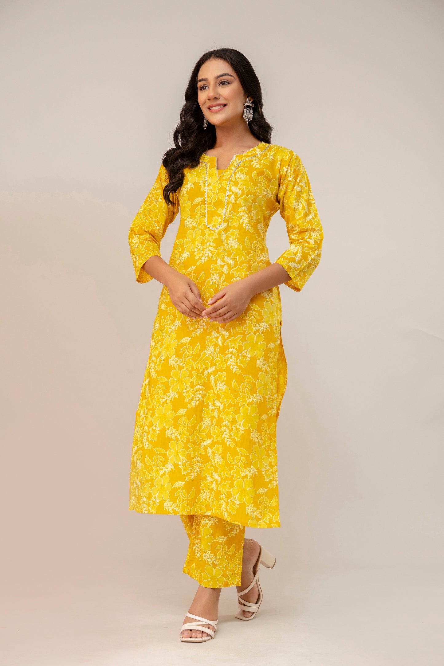 Sunshine Blossom Floral Cotton Kurta Pant Set – Mustard Yellow Radiance