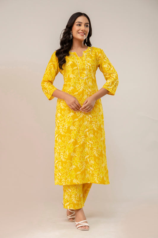 Sunshine Blossom Floral Cotton Kurta Pant Set – Mustard Yellow Radiance