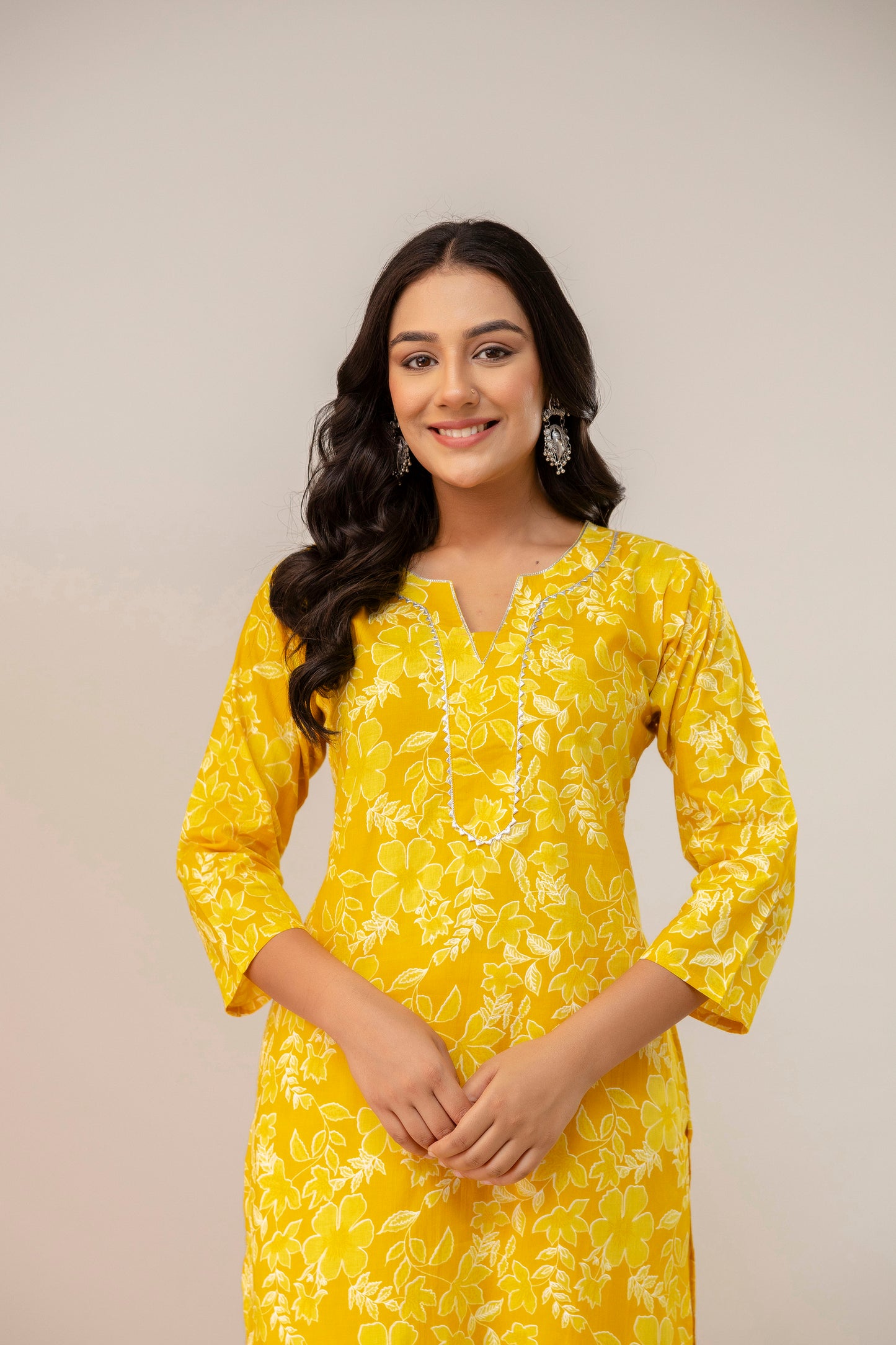 Sunshine Blossom Floral Cotton Kurta Pant Set – Mustard Yellow Radiance